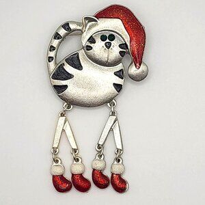 Christmas Holiday Kitty Cat Brooch Pin Articulated Red Cap Mittens Green Eyes